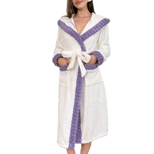 Thick coral fleece bathrobe for women featuring purple contrast trim and embroidery details