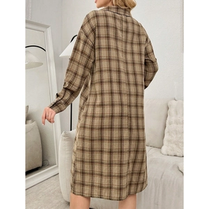 Classic plaid long sleeve sleepshirt for women featuring a casual loose fit in brown tones
