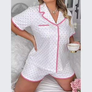 Women heart print pajama set with short sleeve button down shirt and scalloped trim