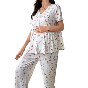 Two-piece floral maternity pajamas set with V-neck top and adjustable pants in light pink