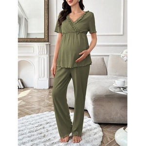 Olive green V-neck maternity lounge set with lace trim and ribbed knit texture detail