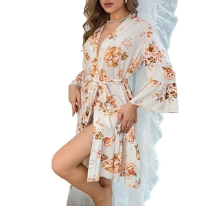 Elegante vestaglia kimono floreale con scollo a V e maniche lunghe con cintura da donna