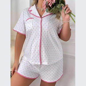 Women's plus size heart print pajama set with short sleeve button shirt and shorts