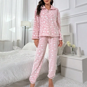 Women Heart Print Fluffy Pajama Set Thick Warm Winter Homewear Love Letter Half Zip Stand Collar Top And Bottom