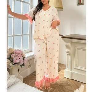 Plus Size Women Floral Print Loungewear Set V-Neck Short Sleeve Top And Bottom Sweet Ruffle Trim Pajamas Sleepwear Home Wear