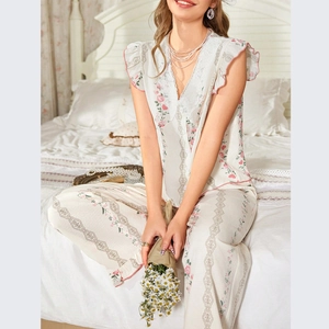 Vintage floral pajama set for women with lace V-neck top and comfortable long trousers