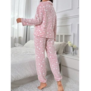 Pink fleece pajamas set for women with white heart and Love prints shown from back