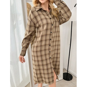 Detail of lapel collar and buttons on brown plaid long sleeve cotton nightshirt