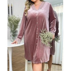 Lace-trimmed velvet nightgown in dusty rose with pearl buttons and V-neckline style