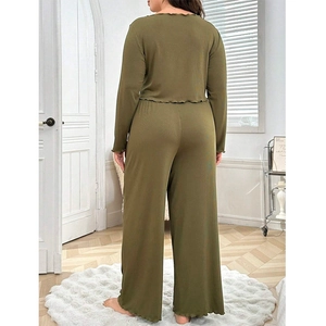 Olive green rib knit pajamas set with long sleeves and wide leg pants with ruffled trim
