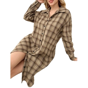 Classic plaid long-sleeve nightdress for women with lapel collar and button-down front