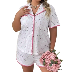 Women's plus size heart print pajama set with short sleeve top and shorts with lace trim