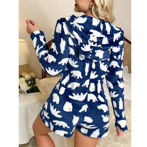 Navy blue fleece hooded jumpsuit with polar bear print for warm winter loungewear
