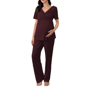 Deep burgundy maternity pajamas set with V-neck lace top and adjustable pants