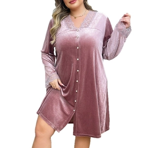 Plus size velvet sleepwear dress with lace trim and pearl buttons in dusty rose