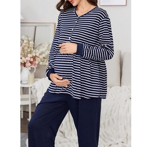 Detail of navy blue striped maternity loungewear set with button-up top and trousers