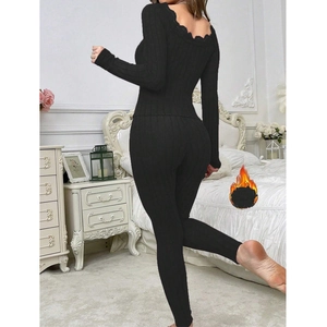Women's black thermal lace pajama set with V-neck long sleeve top and matching pants