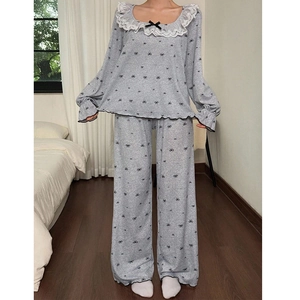 Lace square neck pajama set with black bow print and long sleeves in light gray