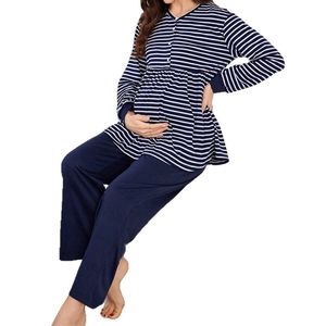 Maternity striped pajama set with long sleeve button top and blue nursing pants