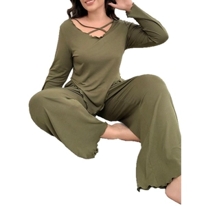 Women's army green long sleeve pajama set with ribbed texture and drawstring neckline
