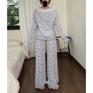 Grey lace square neck pajama set with black bow prints and long wide-leg trousers