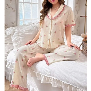 Sweet Floral Women's Pajama Set With Short Sleeve Top And Long Bottom Lapel Collar Lace Trim Comfortable Polyester Sleepwear