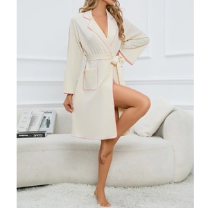 Women's Western Style Waffle Weave Bathrobe With Pink Piping Long Sleeve Soft Lapel Pajama Robe For Home Wear Ladies Nightgown