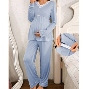 Light blue maternity pajamas with V-neck lace trim and adjustable elastic waistband