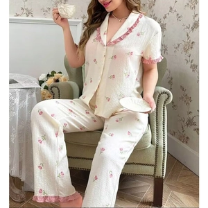 Women's tulip print pajama set with short sleeves, lapel lace trim and long pants