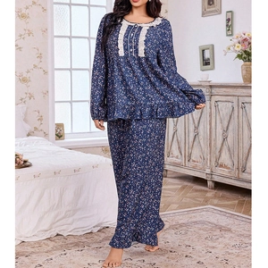 Women Plus Size Floral Loungewear With Lace Trim Ruffle Hem Loose Comfortable Nightwear Top And Pants Sleepwear