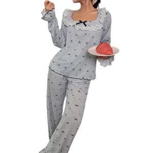Grey lace pajamas set with bow print featuring square neck top and long pants for women