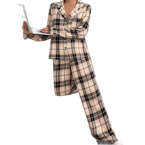 Women's plaid pajama set with long sleeves and button-down collar in light beige