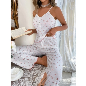 Floral print two-piece pajama set with lace camisole and drawstring trousers for women