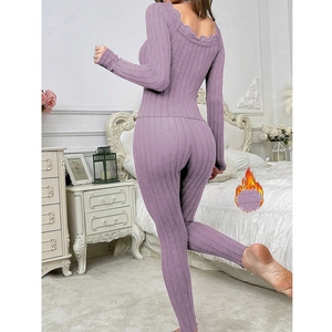 Detail of purple ribbed lace trim V-neck pajamas with thermal texture for women