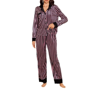 Women's vertical stripe pajamas set with long sleeves and black velvet collar