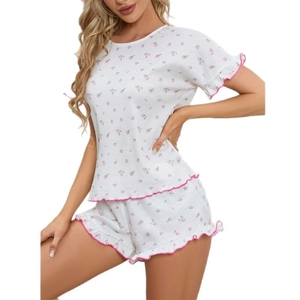 Women's two-piece waffle knit floral pajama set with round neck and lettuce edge trim