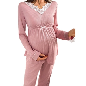 Pink lace V-neck maternity lounge set with ribbed knit long sleeves and pants