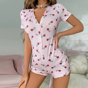 Pink rose print V-neck romper with short sleeves and button front ribbed fabric