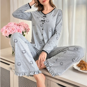 Cute gray bear print pajama set with ruffled edges and long sleeves for women