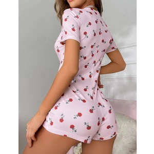 Pink floral V-neck short sleeve romper for women with red rose print in slim fit style
