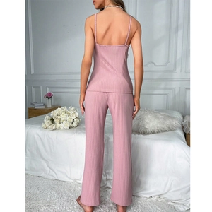 Pink ribbed lace lingerie set for women featuring backless camisole and long pants