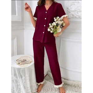 Women's V-neck short sleeve pajamas set in burgundy with white ruffled hems and long pants