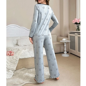 Cute gray long-sleeve cartoon bear pajama set for women with ruffle hem and crew neck