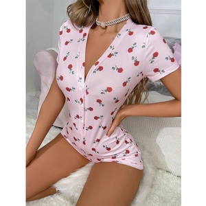 Pink floral V-neck ribbed romper pajamas with rose pattern and button-down front for women
