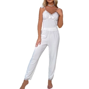 Two-piece white ribbed pajama set for women with lace trim and bowknot detail