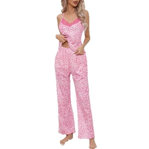 Damen Schlafanzug-Set mit rosa Leopardenmuster, V-Ausschnitt, Spitze und lockerer Hose