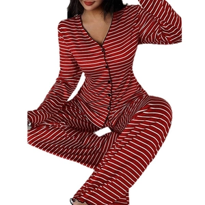 Ensemble de pyjama pour femmes à rayures rouges et blanches avec col en V et boutons