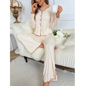 Women's 2-piece rib-knit pajama set with V-neck long sleeves and brown lettuce edge trim