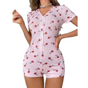 Pink floral V-neck short sleeve romper pajama for women featuring red rose pattern