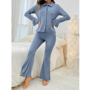 Close-up of rib-knit fabric texture on long sleeve lapel pajama set with flared cuffs